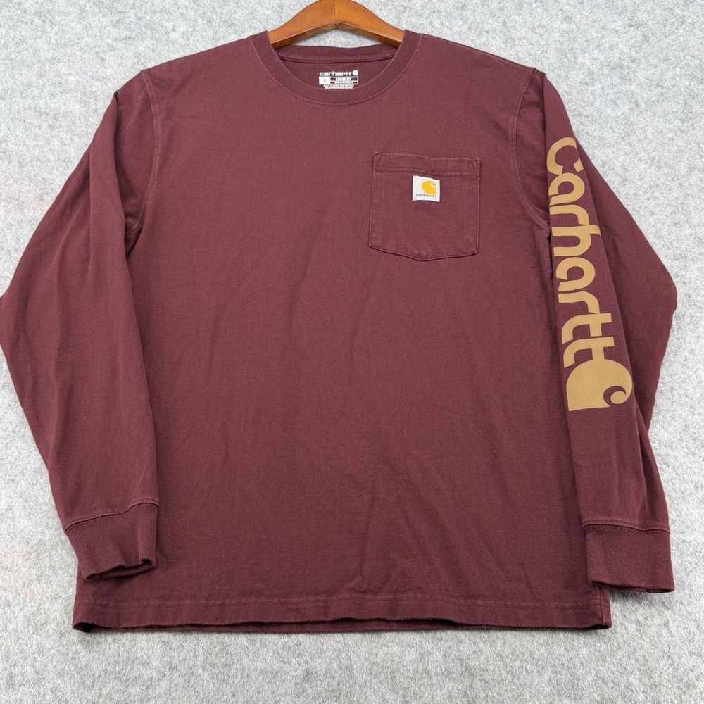Carhartt Mens Loose Fit Long Sleeve Pocket T-Shirt Burgundy Maroon Small Logo